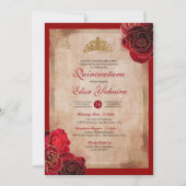Vintag Ruby Red & Gold Rose Royal Quinceanera Einladung (Vorderseite)