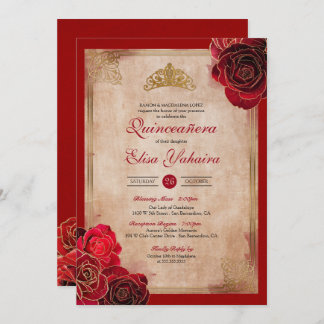 Vintag Ruby Red & Gold Rose Royal Quinceanera Einladung
