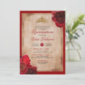 Vintag Ruby Red & Gold Rose Royal Quinceanera Einladung (Stehend Vorderseite)