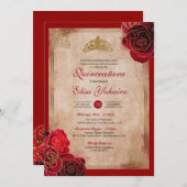 Vintag Ruby Red & Gold Rose Royal Quinceanera Einladung (Vorne/Hinten)