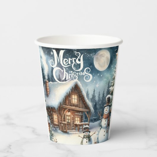 Vintag/rustikal/Schneemann/Weihnachten Pappbecher (Rückseite)