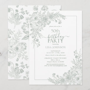 Vintag Sage Green Floral Line Art 50. Geburtstag Einladung