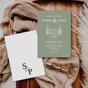 Vintag Sage Green Venue Illustration Hochzeit Einladung