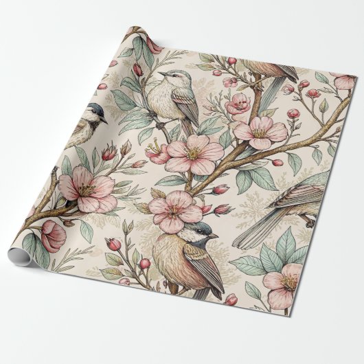Vintag Sakura Cherry Blossom & Bird Ästhetik 2 Geschenkpapier (Ungerollt)