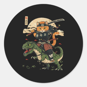 Vintag Samurai Cat Dinosaur Japanisch Kunst Grafik Runder Aufkleber