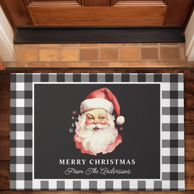 Vintag Santa Black Gingham Personalisiert Weihnach Fußmatte (Von Creator hochgeladen)