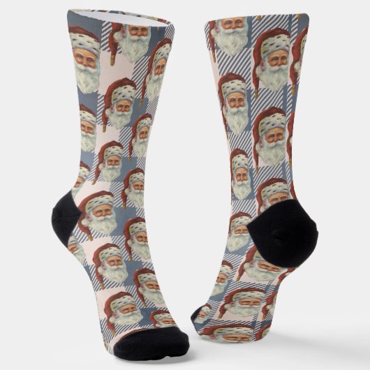 Vintag Santa Blue White Gingham Pattern Socken (Gewinkelt)