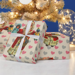 Vintag Santa Doll Nostalgia Hearts Geschenkpapier