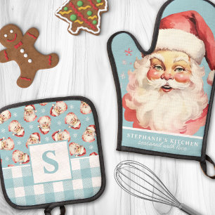Vintag Santa Face Blue Gingham Mit Monogramm Ofenhandschuh & Topflappen-Set