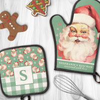 Vintag Santa Face Green Gingham Mit Monogramm