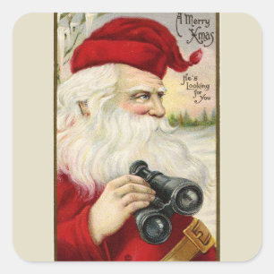 Vintag Santa Holding Binoculars Quadratischer Aufkleber