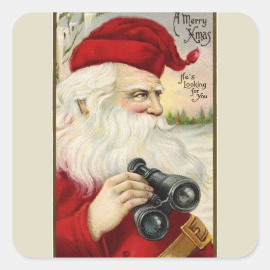 Vintag Santa Holding Binoculars Quadratischer Aufkleber (Vorderseite)