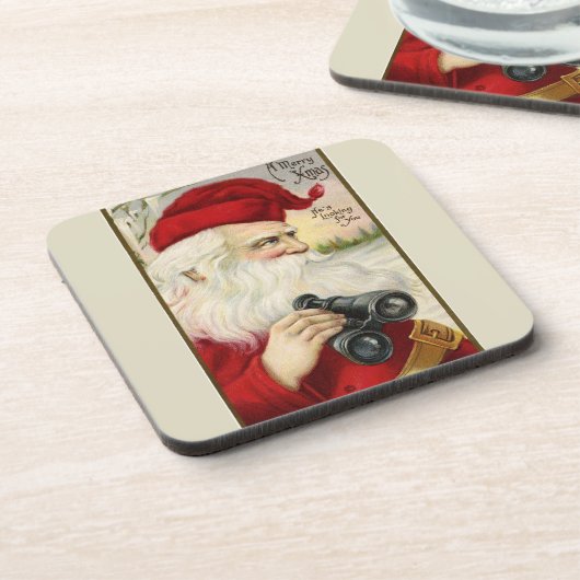 Vintag Santa Holding Binoculars Untersetzer (Linke Seite)