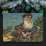 Vintag Santa in Roadster Feiertagskarte<br><div class="desc">Das Viktorianische Bild eines vergoldeten Weihnachtsmannes,  der als Fahrer in Hut und Brille verkleidet ist und in klassischem Roadster an einer schneebedeckten Winternacht Geschenke liefert.</div>