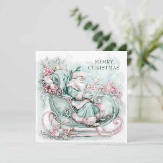 Vintag Santa Sleigh Weihnachten Aquamarines Rosa (Stehend Vorderseite)