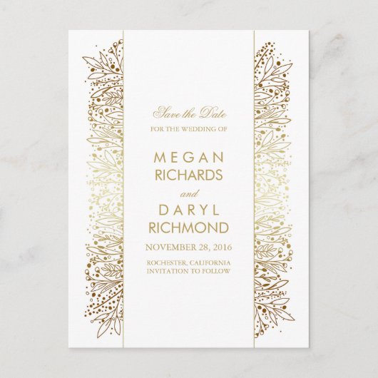 Vintag Save the Date - Gold Gipskraut Filigree Ankündigungspostkarte (Vorderseite)