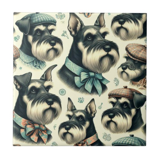 Vintag Schnauzer Nahtlose Illustration Fliese (Vorderseite)