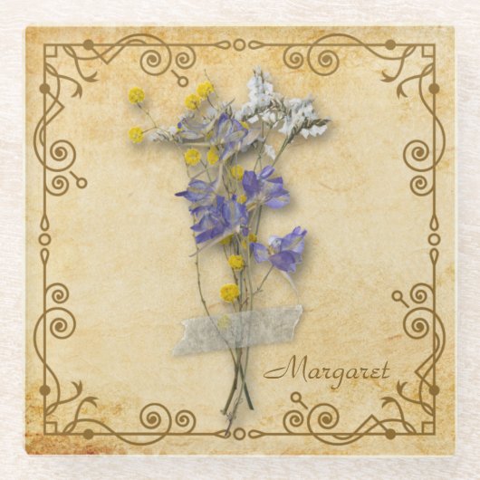 Vintag schöne Beige Getrocknete Blume mit Namen Glasuntersetzer (Vorderseite)