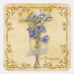 Vintag schöne Beige Getrocknete Blume mit Namen Quadratischer Aufkleber