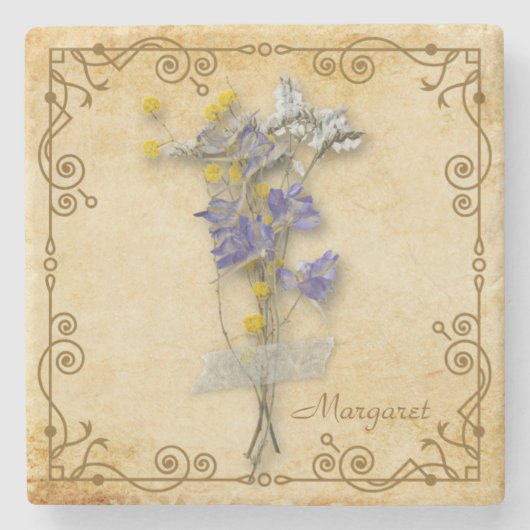 Vintag schöne Beige Getrocknete Blume mit Namen Steinuntersetzer (Vorderseite)