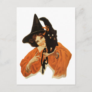 Vintag schöne Hexe mit schwarzer Katze auf Schulte Postkarte