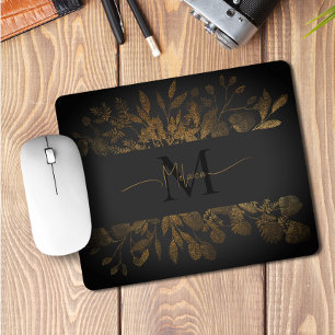 Vintag Schwarz-Grau-Gold-Glitzer-Blumenmonogramm Mousepad