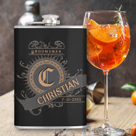 Vintag Schwarz/Grau/Gold mit anfänglichem Trauzeug Flachmann