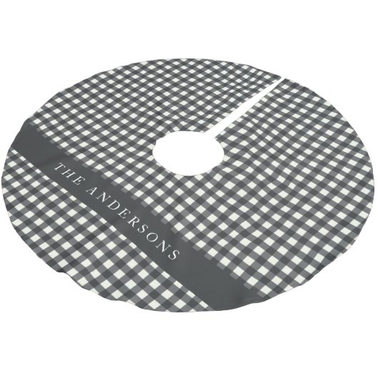 Vintag Schwarz und Weiß Gingham Kariert Personalis Polyester Weihnachtsbaumdecke (Schrägansicht)