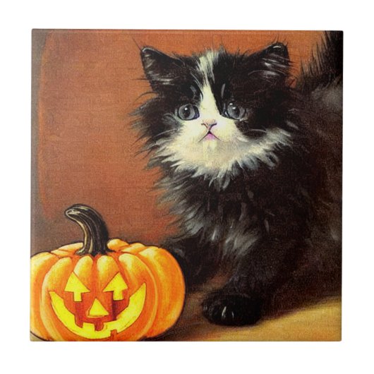 Vintag Schwarz/Weiß Halloween Kitten Fliese (Vorderseite)