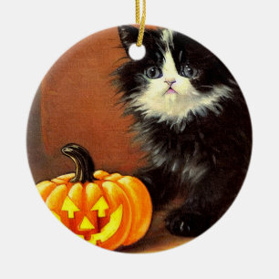 Vintag Schwarz/Weiß Halloween Kitten Keramik Ornament