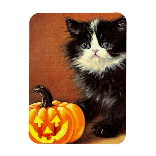 Vintag Schwarz/Weiß Halloween Kitten Magnet (Vertikal)