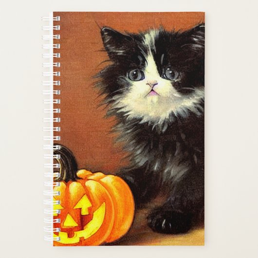 Vintag Schwarz/Weiß Halloween Kitten Planer (Vorderseite)