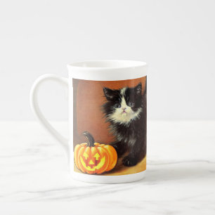 Vintag Schwarz/Weiß Halloween Kitten Porzellantasse