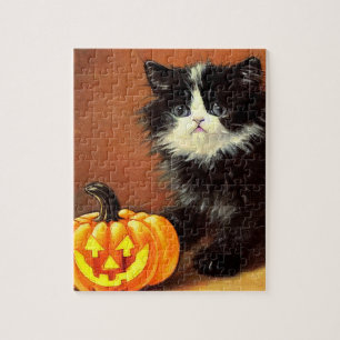Vintag Schwarz/Weiß Halloween Kitten Puzzle