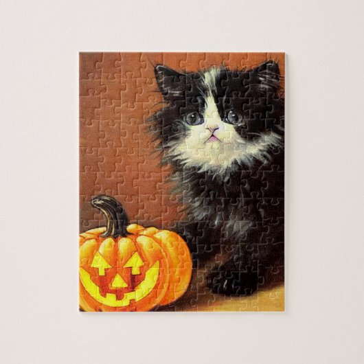 Vintag Schwarz/Weiß Halloween Kitten Puzzle (Vertikal)