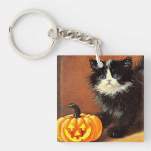 Vintag Schwarz/Weiß Halloween Kitten Schlüsselanhänger