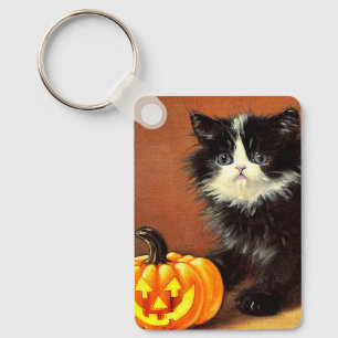 Vintag Schwarz/Weiß Halloween Kitten Schlüsselanhänger