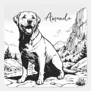 Vintag Schwarz-Weiß-Happy Labrador in der Natur Quadratischer Aufkleber