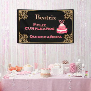 Vintag Schwarzes Gold Barock Pink Cake Quinceañer Banner