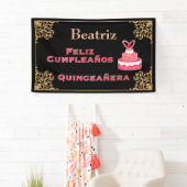 Vintag Schwarzes Gold Barock Pink Cake Quinceañera Banner (Insitu)