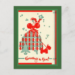 Vintag Scottie Dog und Lady Feiertagspostkarte
