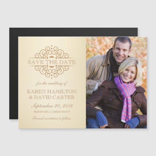 Vintag Scrolls Verlobung Foto Magneteinladung (Vorne/Hinten)