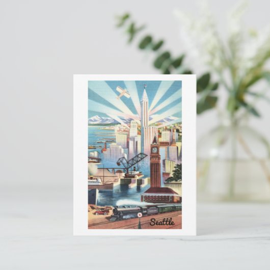 Vintag Seattle Skyline Travel Postcard Postkarte (Stehend Vorderseite)