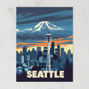Vintag Seattle Skyline und Monte Rainier Postkarte