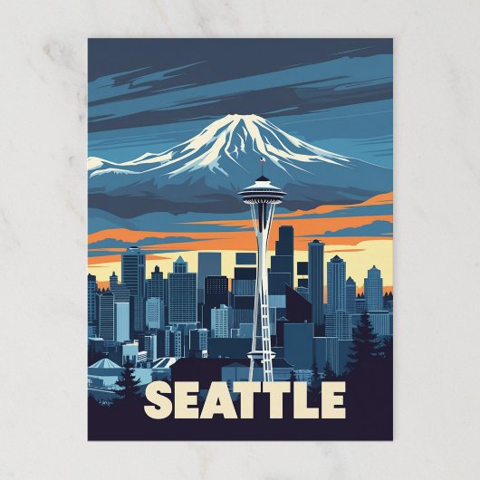 Vintag Seattle Skyline und Monte Rainier Postkarte