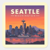 Vintag Seattle Washington Quadratischer Aufkleber (Vorderseite)