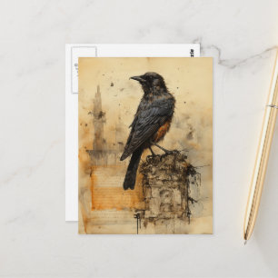 Vintag Sepia Gothic Raven Postkarte