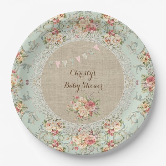Vintag Shabby Floral Burlap Lace Custom Pappteller (Vorderseite)