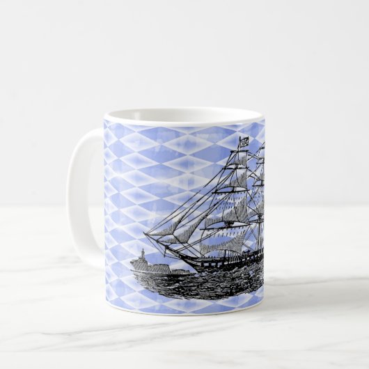 Vintag Ship Blue Harlequin Kaffeetasse (Vorderseite Links)