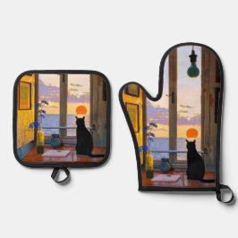 Vintag sitzen der schwarzen Katze Ofenhandschuh & Topflappen-Set